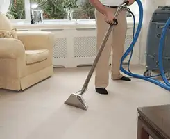 Carpet cleaning professional removing dirt and stains with a hot-water extraction tool in a home, Dallas, TX.
